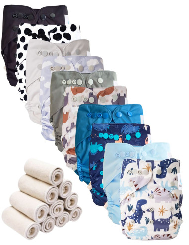 Lot 10 couches lavables tout en deux Te2 à doubles goussets + 10 inserts en bambou