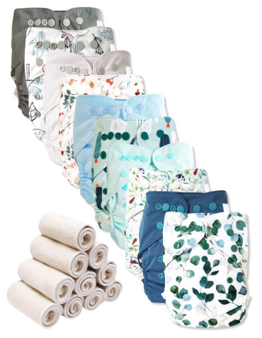 Lot 10 couches lavables tout en deux Te2 à doubles goussets + 10 inserts en bambou