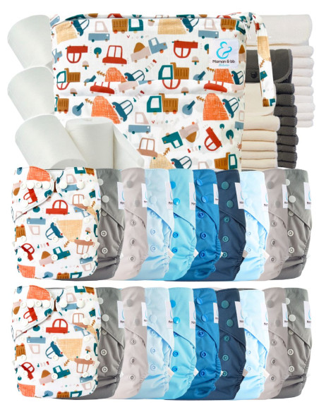 Mega pack couches lavables TE2 + 10 inserts bambou + 10 inserts microfibre + sac imperméable + voiles de protection