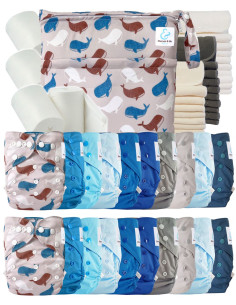 Mega paquete pañales Inserciones de bambú de TE2 + 10 lavables + 10 insertos de microfibra + bolsa impermeable + velas protector
