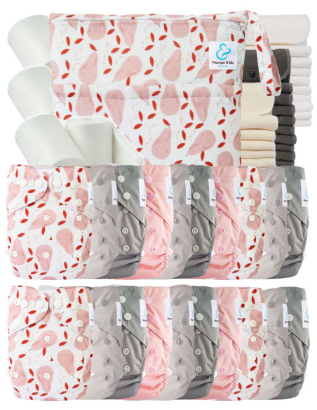 Mega pack couches lavables TE2 + 10 inserts bambou + 10 inserts microfibre + sac imperméable + voiles de protection