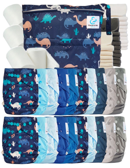 Mega pack couches lavables TE2 + 10 inserts bambou + 10 inserts microfibre + sac imperméable + voiles de protection