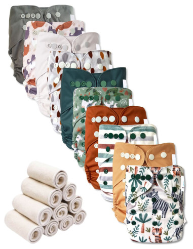 Lot 10 couches lavables tout en deux Te2 à doubles goussets + 10 inserts en bambou