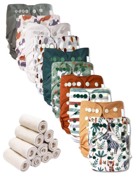 Lot 10 couches lavables tout en deux Te2 à doubles goussets + 10 inserts en bambou