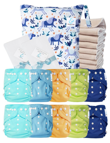 Pack complet couches lavables TE2 certifiées Oeko Tex® + 10 inserts en coton + sac imperméable + voiles de protection