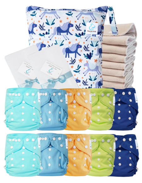 Pack complet couches lavables TE2 certifiées Oeko Tex® + 10 inserts en coton + sac imperméable + voiles de protection