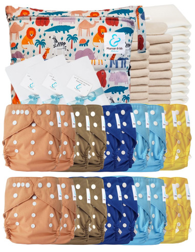 Pack complet couches lavables TE2 certifiées Oeko Tex® + 20 inserts en coton + 10 inserts bambou + sac + voiles de protection