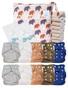 Pack complet couches lavables TE2 certifiées Oeko Tex® + 10 inserts en coton + sac imperméable + voiles de protection