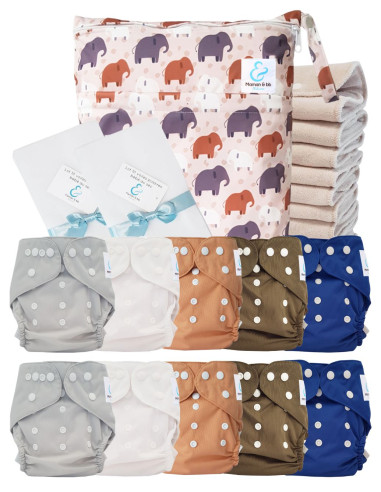 Pack complet couches lavables TE2 certifiées Oeko Tex® + 10 inserts en coton + sac imperméable + voiles de protection