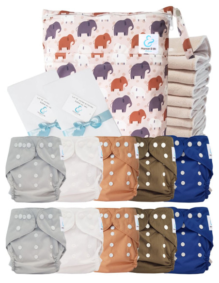 Pack complet couches lavables TE2 certifiées Oeko Tex® + 10 inserts en coton + sac imperméable + voiles de protection