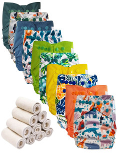 Lot 10 couches lavables tout en deux Te2 à doubles goussets + 10 inserts en bambou