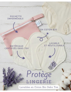 Lot de 3 proteges slips lavables  en flanelle de coton Bio certifiées Oeko Tex standard 100 classe 1 2
