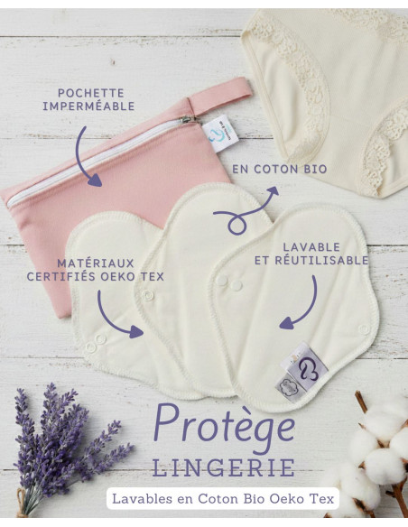 Lot de 3 proteges slips lavables  en flanelle de coton Bio certifiées Oeko Tex standard 100 classe 1