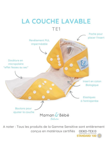 Lot de 8 Couches lavables tout en Un Te1 fabriquées en matières certifiées OEKO TEX