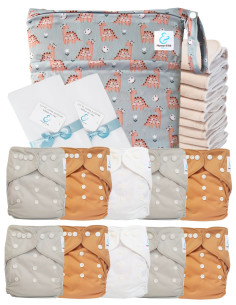 Pack complet couches lavables TE1 Sensitive + 10 inserts en coton + sac imperméable + voiles de protection