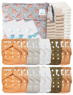 Mega pack 20 couches lavables TE1 + inserts + voiles de protection et son sac imperméable