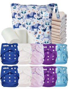 Pack complet couches lavables TE2 certifiées Oeko Tex® + 10 inserts en coton + sac imperméable + voiles de protection