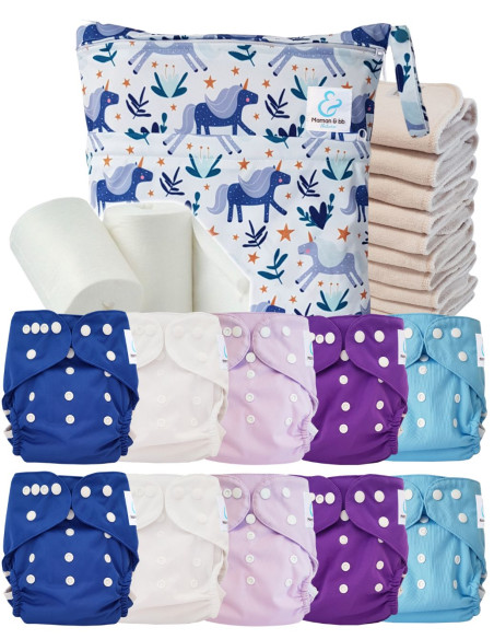 Vollpaket windeln Waschbare TE2-zertifizierte Oeko Tex® + 10 Baumwolleinsätze + Wasserdichte Tasche + Schutzsegeln