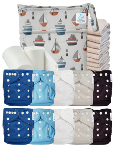 Pack complet couches lavables TE1 Sensitive + 10 inserts en coton + sac imperméable + voiles de protection