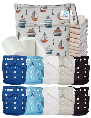 Vollpaket windeln Waschbar TE1 Sensitive + 10 Baumwolleinsätze + Wasserdichte Tasche + Schutzsegeln