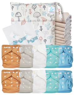 Pack complet couches lavables TE1 Sensitive + 10 inserts en coton + sac imperméable + voiles de protection