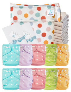 Paquete completo Lavabable Capas lavables TE1 Certified Oeko Tex® + 10 Inserciones de algodón + Bolsa a prueba de agua + Velas p