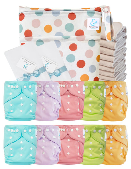 Pack complet couches lavables TE1 certifiées Oeko Tex® + 10 inserts en coton + sac imperméable + voiles de protection