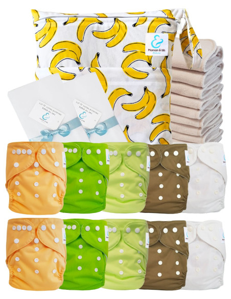 Vollpaket windeln Waschbare TE1-zertifizierte Oeko-Tex® + 10 Baumwolleinsätze + Wasserdichte Tasche + Schutzsegeln