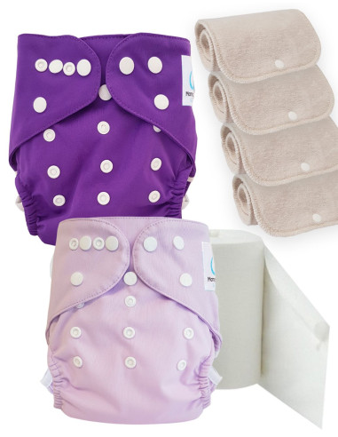 Pack découverte couches lavables TE2 certifiées Oeko Tex + 4 inserts en coton + voiles de protection