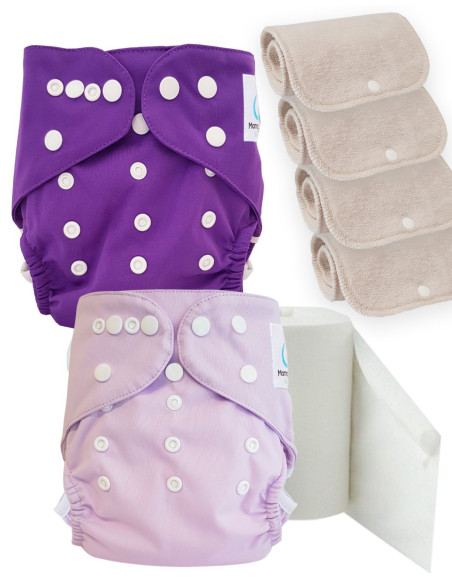 Pack découverte couches lavables TE2 certifiées Oeko Tex + 4 inserts en coton + voiles de protection