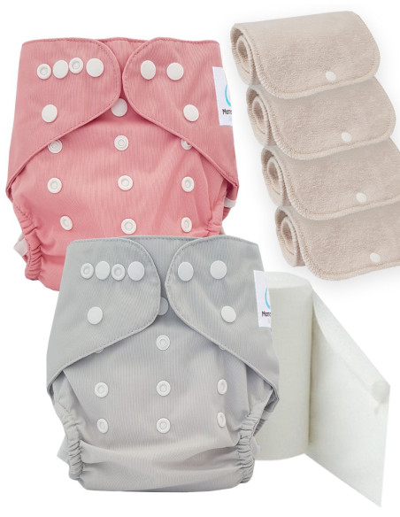 Pack découverte couches lavables TE2 certifiées Oeko Tex® + 4 inserts en coton + voiles de protection