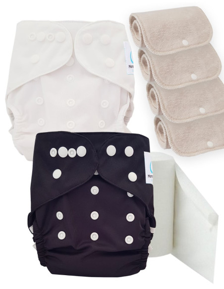 Pack découverte couches lavables TE2 certifiées Oeko Tex® + 4 inserts en coton + voiles de protection