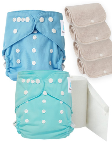 Pack découverte couches lavables TE2 certifiées Oeko Tex + 4 inserts en coton + voiles de protection