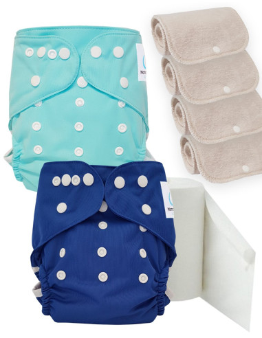 Pack découverte couches lavables TE2 certifiées Oeko Tex + 4 inserts en coton + voiles de protection