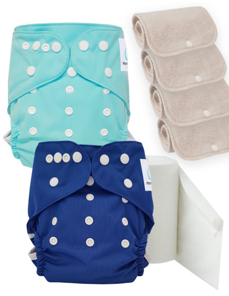 Pack découverte couches lavables TE2 certifiées Oeko Tex + 4 inserts en coton + voiles de protection
