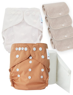 Pack découverte couches lavables TE2 certifiées Oeko Tex® + 4 inserts en coton + voiles de protection