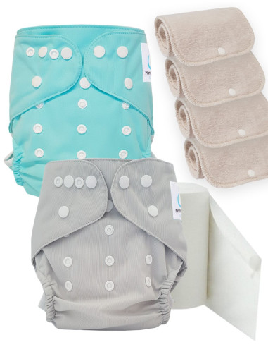 Pack découverte couches lavables TE2 certifiées Oeko Tex® + 4 inserts en coton + voiles de protection