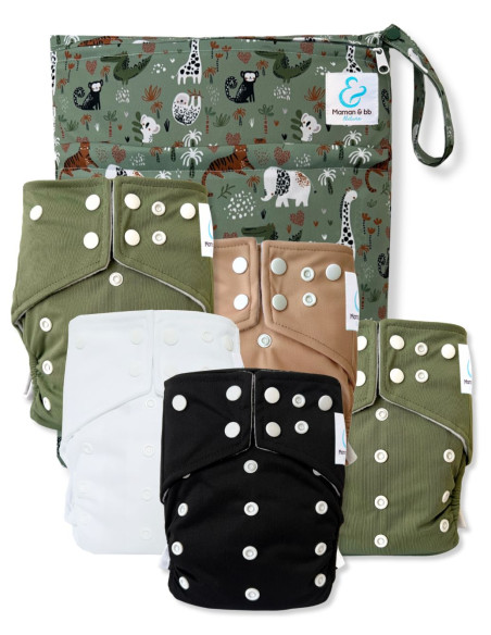 lot de 5 Couches lavables intégrales évolutives tout en un avec insert en bambou et double goussets