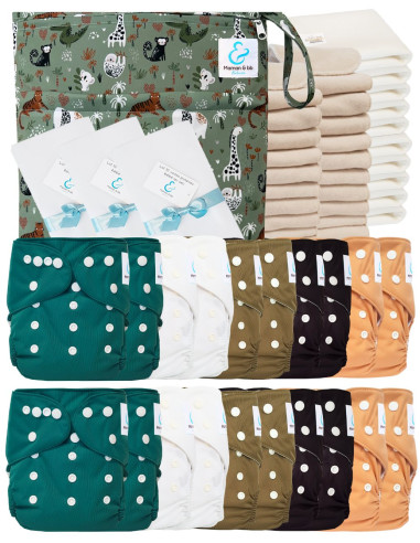 Mega pack 20 couches lavables TE1 + inserts + voiles de protection et son sac imperméable