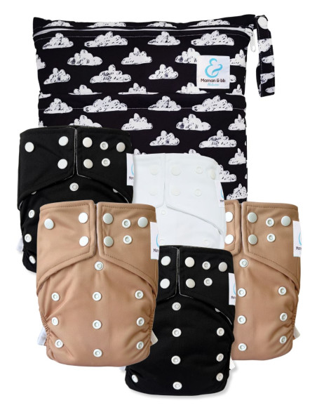 lot de 5 Couches lavables intégrales évolutives tout en un avec insert en bambou et double goussets