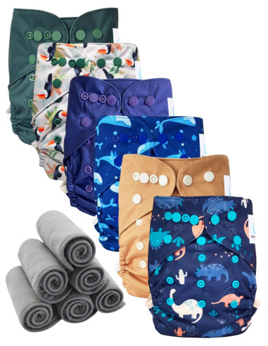 Lot 6 couches lavables tout en deux Te2 à doubles goussets + 6 inserts en bambou