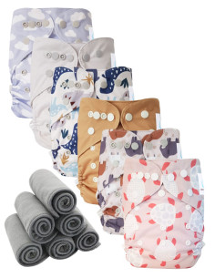 Lot 6 couches lavables tout en deux Te2 à doubles goussets + 6 inserts en bambou