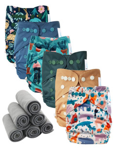 Lot 6 couches lavables tout en deux Te2 à doubles goussets + 6 inserts en bambou