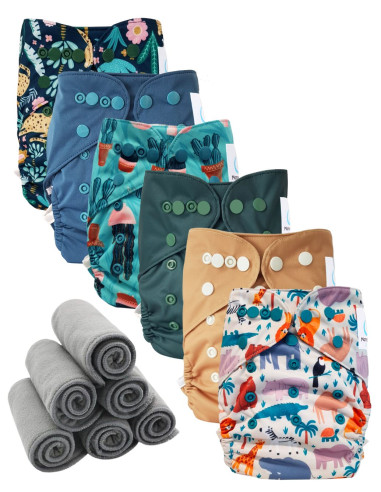 Lot 6 couches lavables tout en deux Te2 à doubles goussets + 6 inserts en bambou