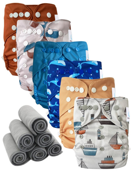 Lot 6 couches lavables tout en deux Te2 à doubles goussets + 6 inserts en bambou