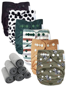 Lot 6 couches lavables tout en deux Te2 à doubles goussets + 6 inserts en bambou