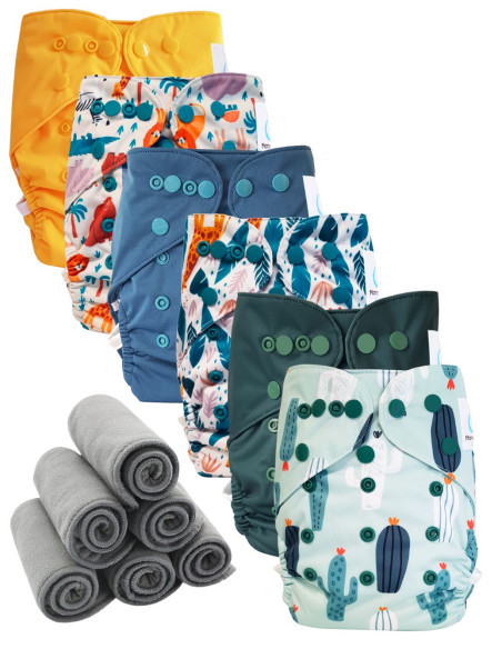 Lot 6 couches lavables tout en deux Te2 à doubles goussets + 6 inserts en bambou