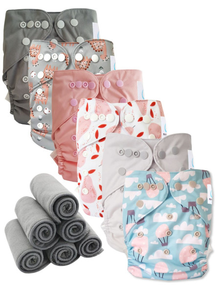 Lote 6 pañales Lavable los dos TE2 con vainas dobles + 6 inserciones de bambú