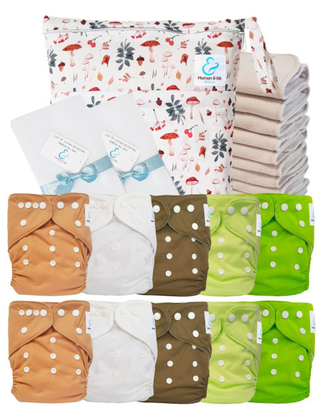 Vollpaket windeln Waschbar TE1 Sensitive + 10 Baumwolleinsätze + Wasserdichte Tasche + Schutzsegeln