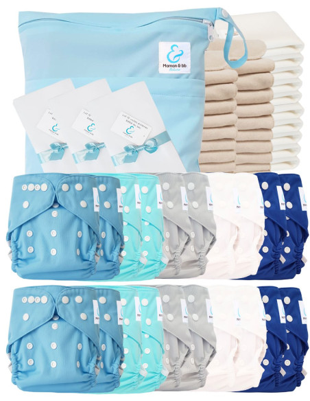Pack complet couches lavables TE2 certifiées Oeko Tex® + 20 inserts en coton + 10 inserts bambou + sac + voiles de protection